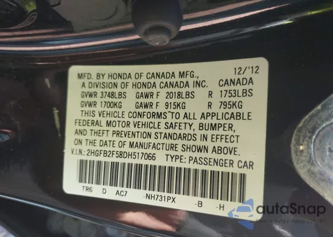 2013 Honda Civic Lx из США, поврежденный, VIN 2HGFB2F58DH517066